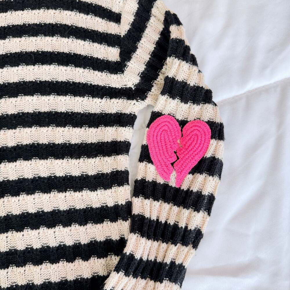 Lisa Todd Black and White Striped Pullover Sweater with Pink Heart Elbow Patches - Picture 8 of 16